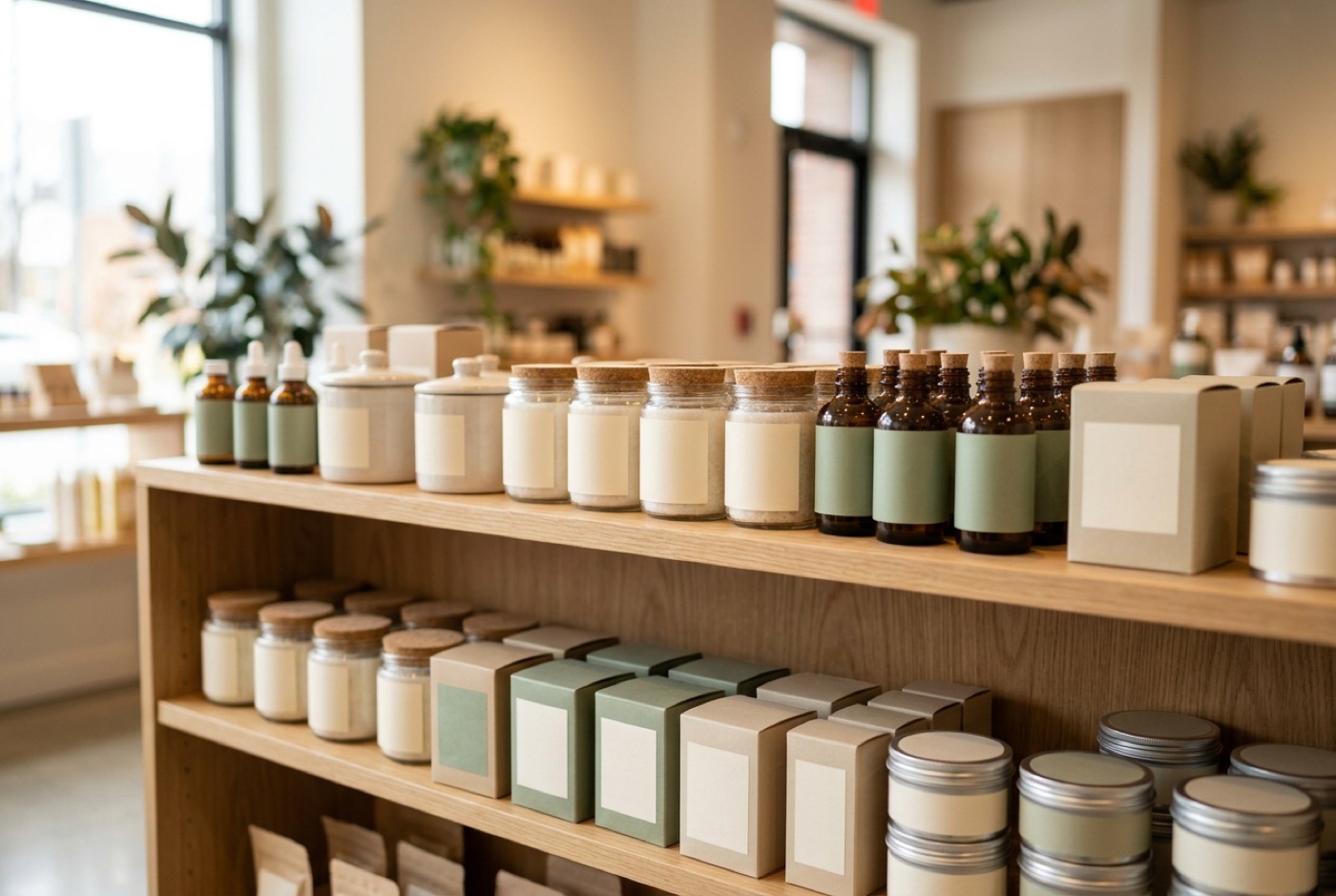 Minimalist premium Asian consumer brand packaging on a modern American retail shelf
